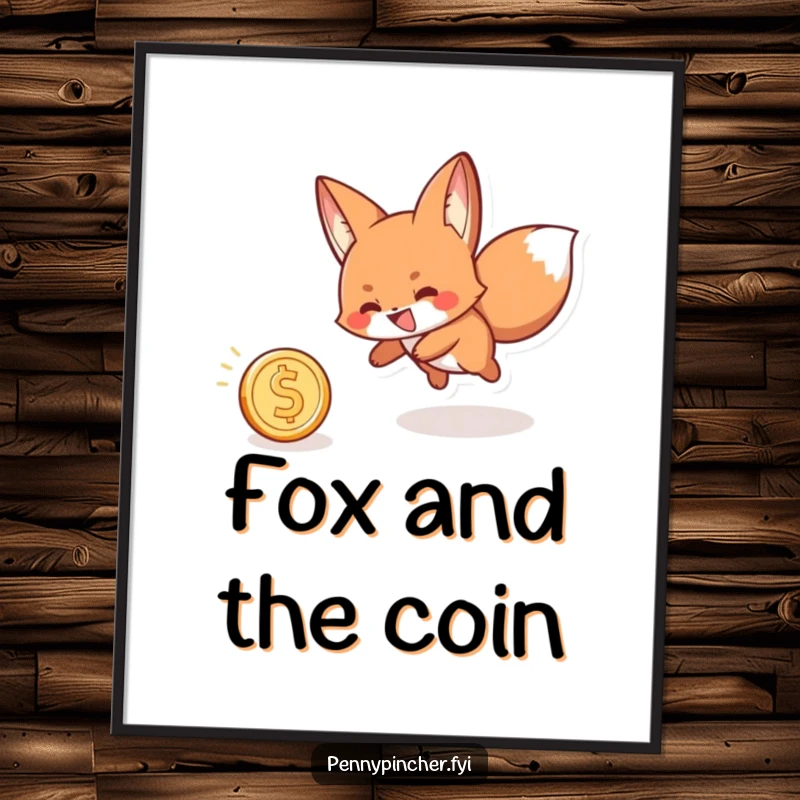 Funny digital art print of a playful fox character with a wide grin, chasing a rolling coin, perfect wall decor.