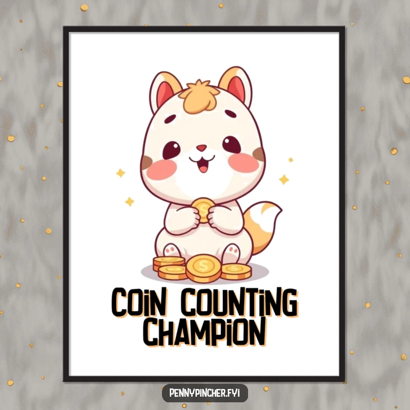 Funny digital art print of a cute animal character gleefully counting coins, creating instant humorous and wealthy wall decor for any space.