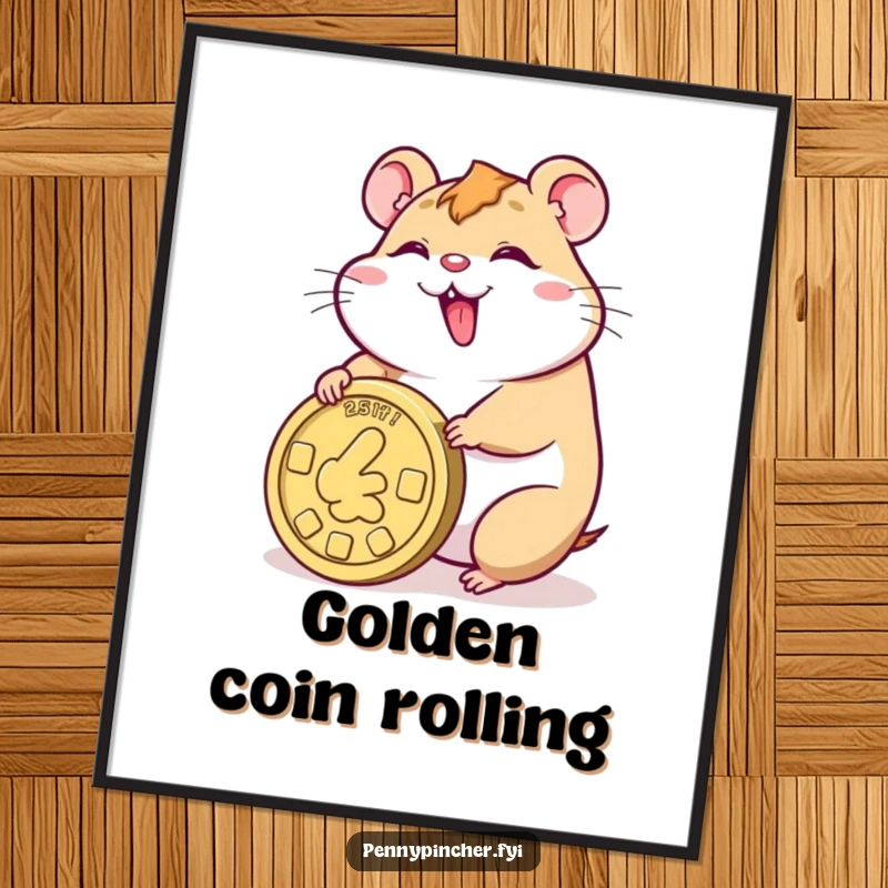 Funny digital art print of a smiling hamster character happily rolling a giant coin, perfect wall decor for motivation.