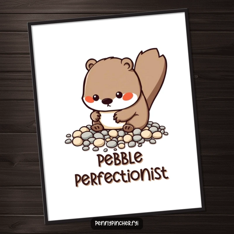 Funny Kawaii beaver digital art print of a character meticulously organizing tiny pebbles, ideal for humorous and tidy digital decoration.