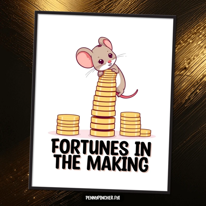 Funny Digital Art Print of an ambitious mouse focused on stacking coins into a precarious tower.