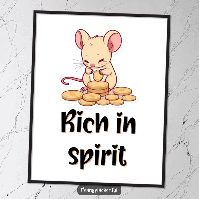 Funny digital art print of a tiny mouse character meticulously counting a single coin, perfect for witty decor.