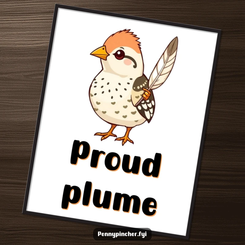 Funny quail digital art print, a proud character showing off a single perfect feather, instant humorous decor.
