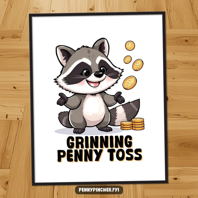 Funny Raccoon Digital Art Print: Features a clever raccoon character juggling shiny pennies with a grin, ideal for decor.