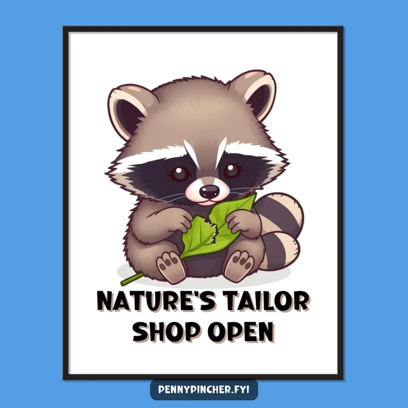 Funny Raccoon Mending Digital Art: Printable art of a raccoon fixing a leaf, a funny gift.