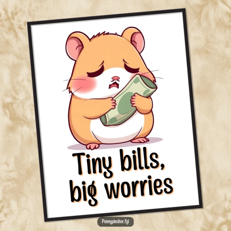 Funny worried hamster character holding a tiny rolled-up bill, a downloadable digital art print for humor.
