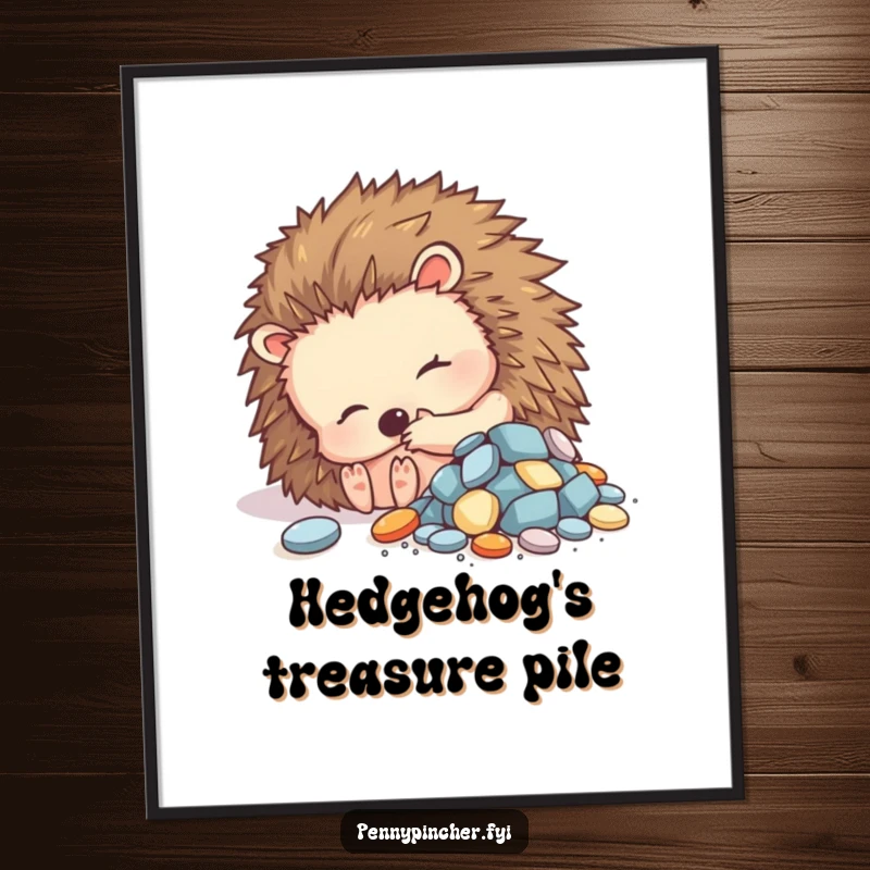 Funny digital art print of a contented hedgehog character curled up beside a small pile of shiny objects, perfect wall decor.