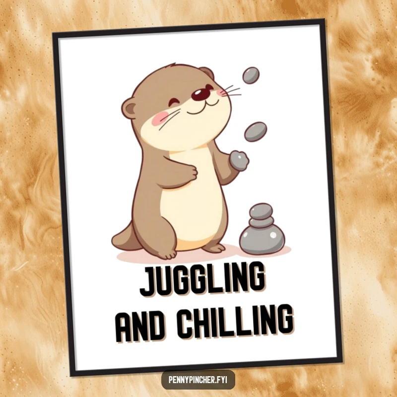 Funny otter digital art print with a playful Kawaii character juggling stones, capturing skill and charm.