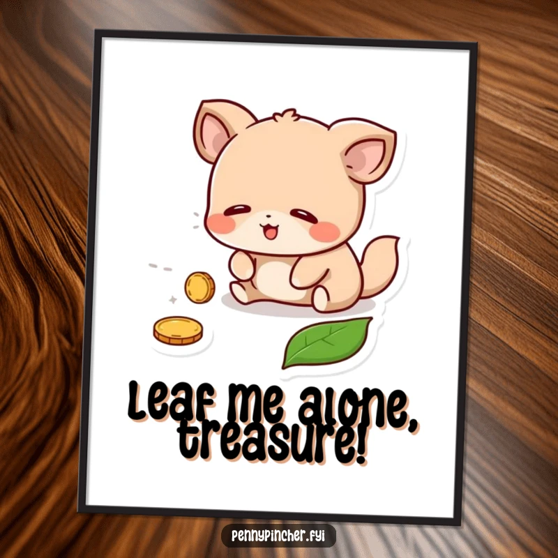 Funny Digital Art Print: An adorable animal character expressing relief and joy over finding a lost coin under a leaf.