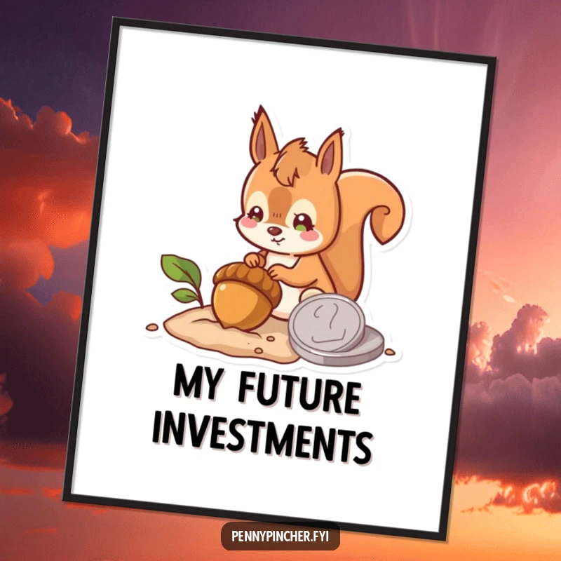 Funny digital art print of a hopeful squirrel character burying an acorn next to a large coin, conveying a humorous sense of future planning and optimism.