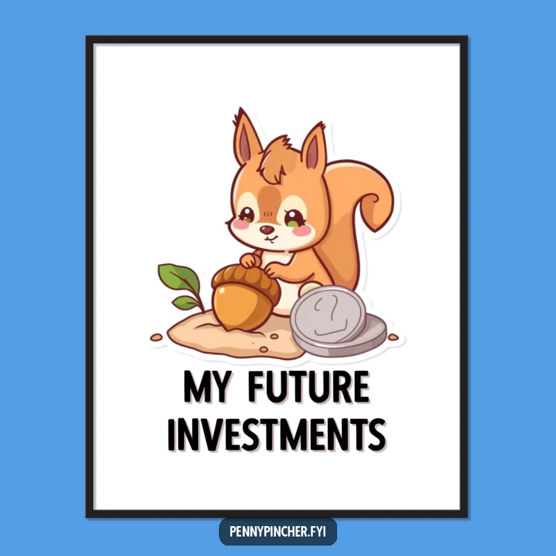 Funny Hopeful Squirrel Burying Acorn Coin Digital Art Print: Humorous Decor for Optimistic Spaces