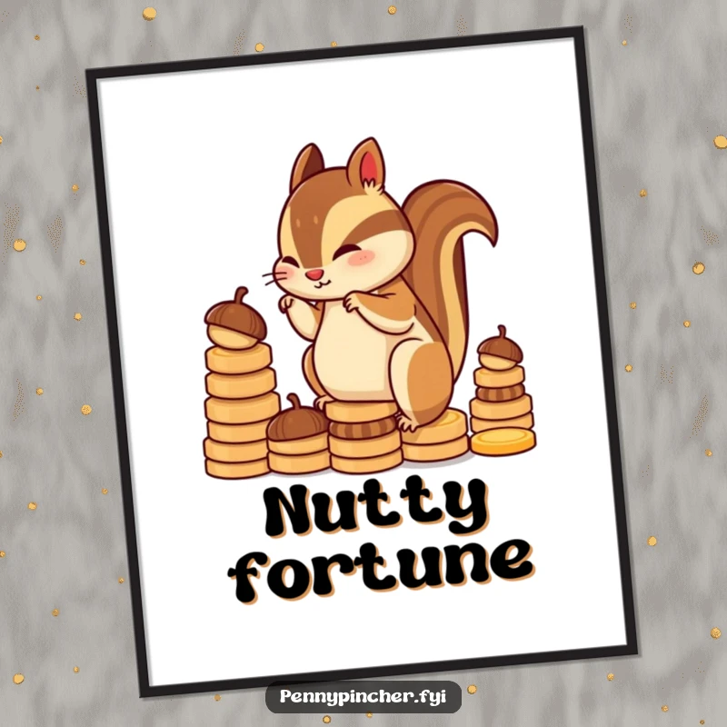 Funny chipmunk character digital art print, diligently stacking acorns resembling coins, adding a humorous and inspiring visual appeal.