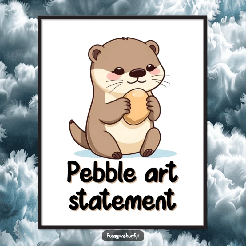 Funny otter digital art print, playfully clutching a single, smooth pebble with joy, embodying a humorous appreciation for treasures.