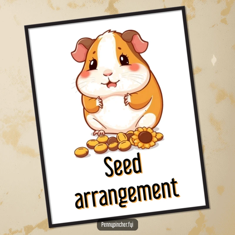 Funny guinea pig digital art print, a contented character meticulously arranging sunflower seeds, instant humorous decor.