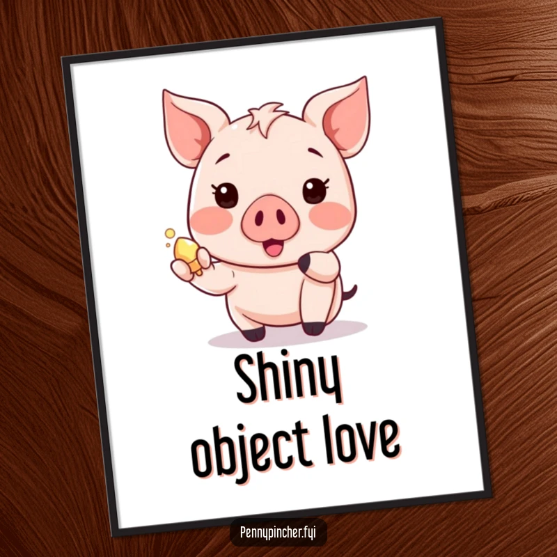 Funny piglet digital art print with a happy Kawaii character showing a shiny object, capturing pure excitement.