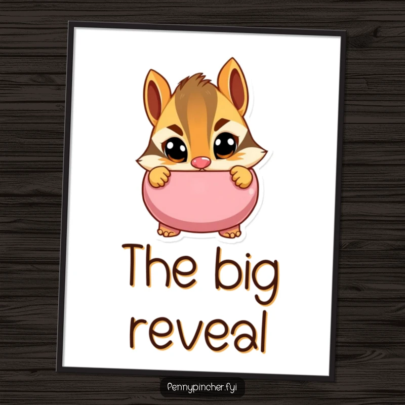 Funny digital art print of a cautious chipmunk character peeking into a piggy bank with wide eyes, conveying a humorous sense of watchfulness and financial prudence.