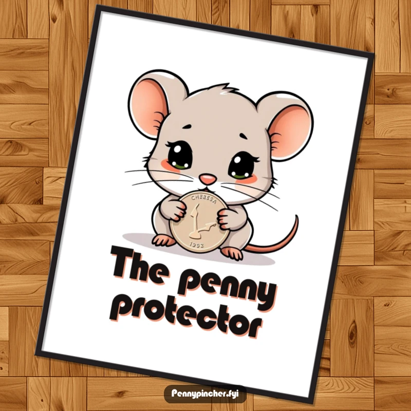 Funny digital art print of a cautious mouse character guarding a gleaming penny, perfect for instant humorous minimalist decor.