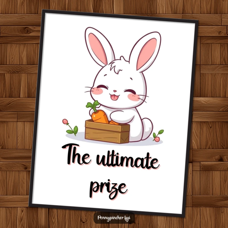 Funny digital art print of a giggling rabbit character hiding a single carrot inside a tiny treasure chest, full of playful mischief.