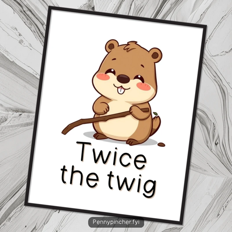 Funny digital art print of a smiling beaver character carefully measuring a small twig, like a blueprint for a creative project.