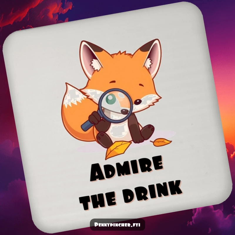 Funny drink coaster featuring a focused fox using a magnifying glass to examine a fallen leaf, adding humor to tabletops.