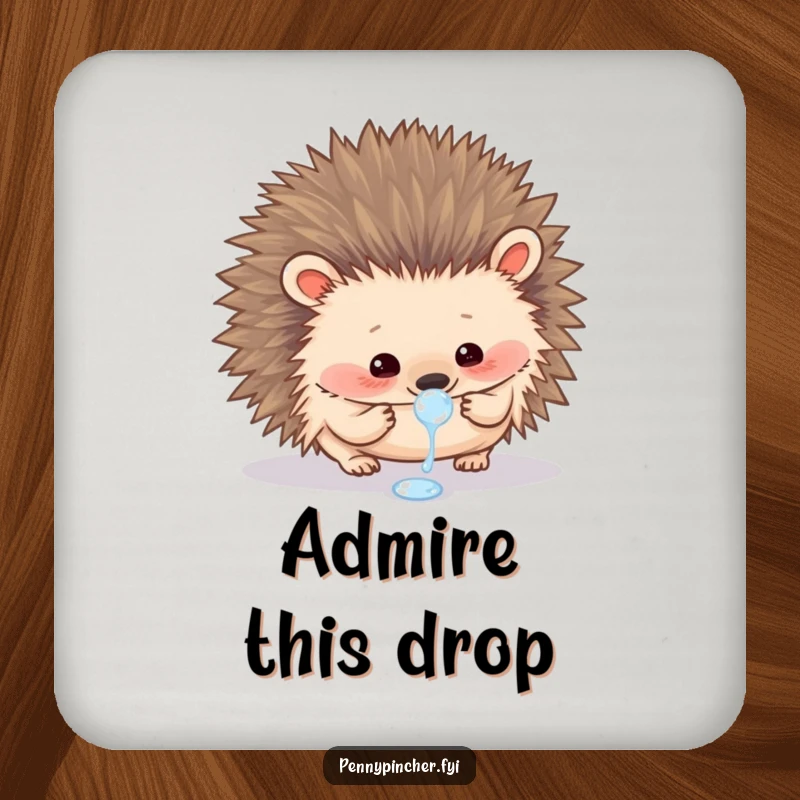 Funny drink coaster featuring a curious hedgehog carefully examining a single dewdrop, adding charm to tabletops.