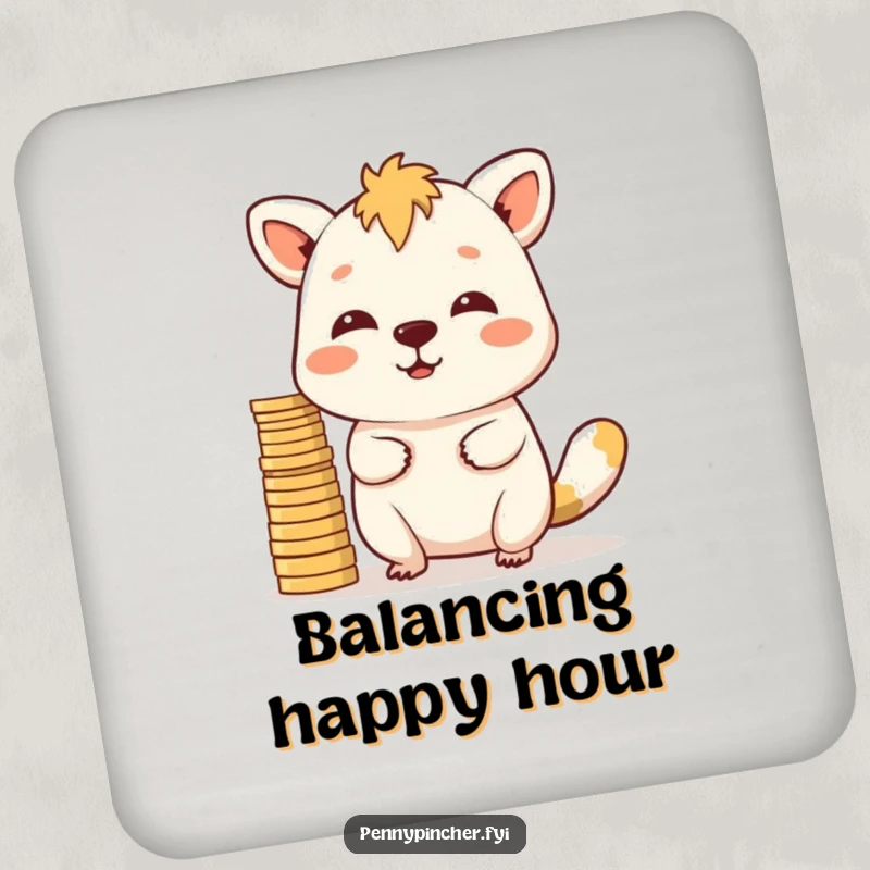 Funny Coaster: An animal character balancing a stack of coins on its nose, protecting surfaces with humor.
