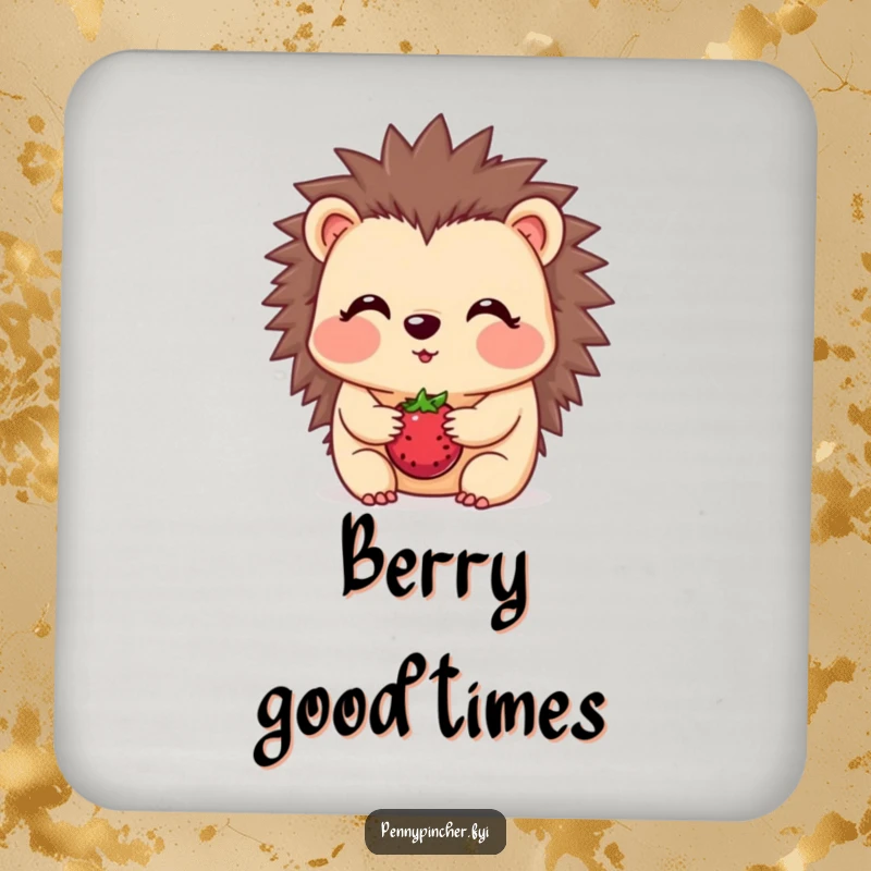 Funny hedgehog drink coaster, a blushing character balancing one berry on its snout, humorous surface protection.