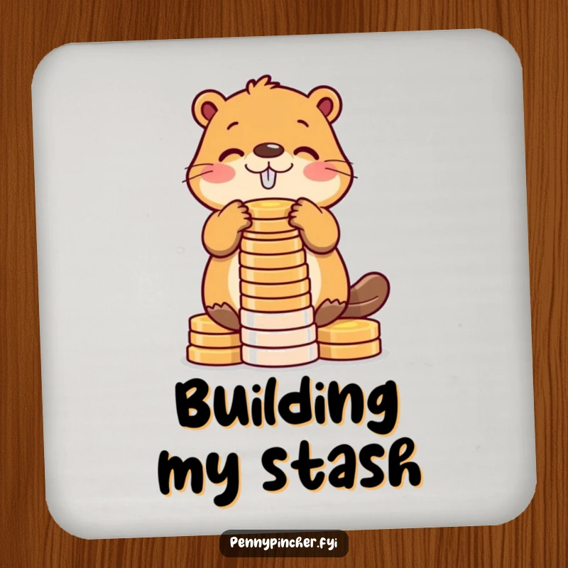 Funny beaver drink coaster featuring a diligent beaver character stacking shiny coins into a tower, protecting surfaces with humorous flair.
