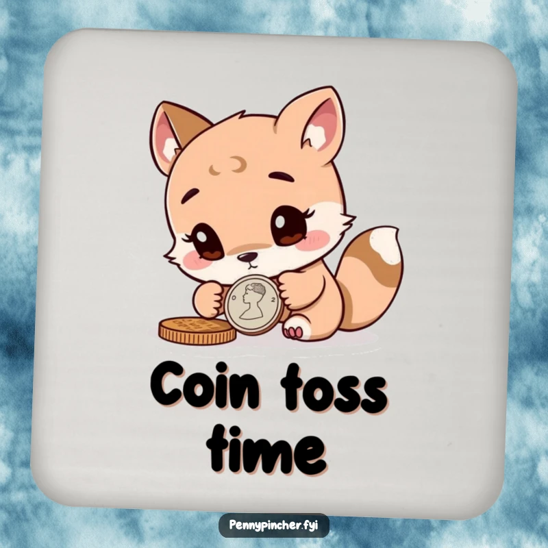 Funny curious animal character closely inspecting a coin on a drink coaster, adding a thoughtful accent.