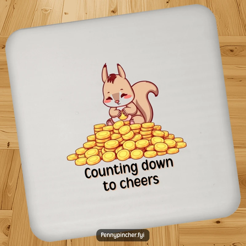 Funny drink coaster featuring a squirrel character meticulously counting shiny coins, adding humor to table protection.