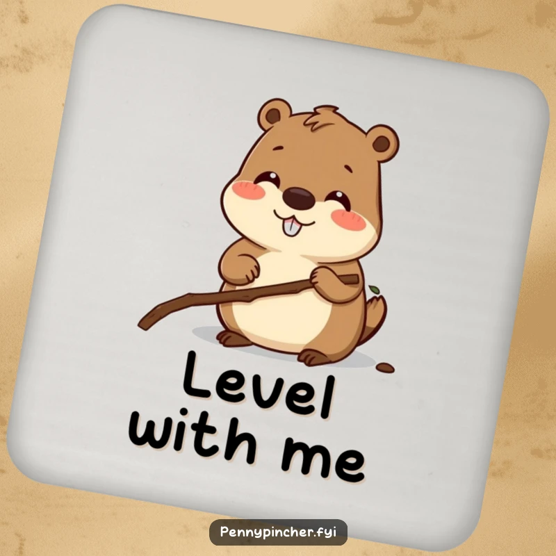 Funny drink coaster featuring a smiling beaver character measuring a twig, bringing construction charm to any beverage.