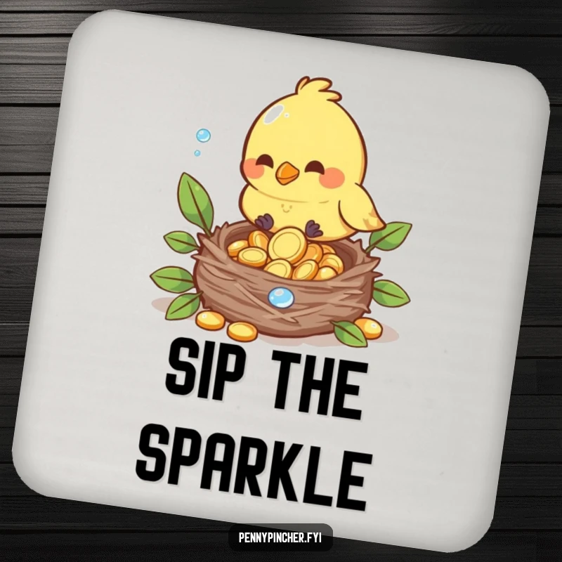 Funny drink coasters with a bird carefully placing dewdrop coins into its nest, protecting surfaces.