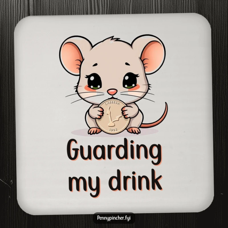 Funny drink coaster featuring a cautious mouse character guarding a shiny penny, adding humor to table protection.