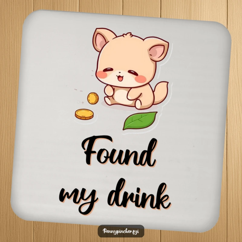 Funny Coaster: A relieved animal character discovers a lost coin under a leaf, protecting surfaces with humor.