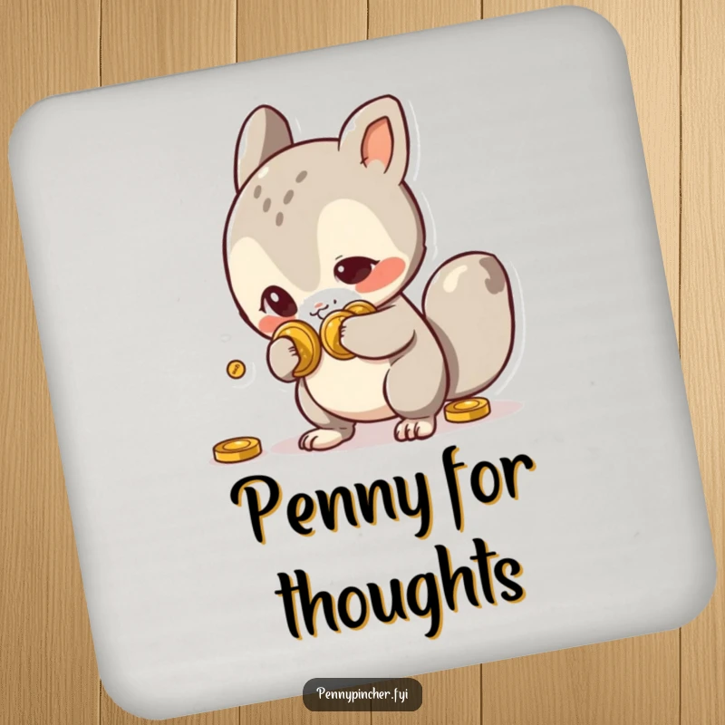 Funny Drink Coaster featuring a mischievous animal character slyly hiding coins behind its back, perfect for protecting furniture with a smile.