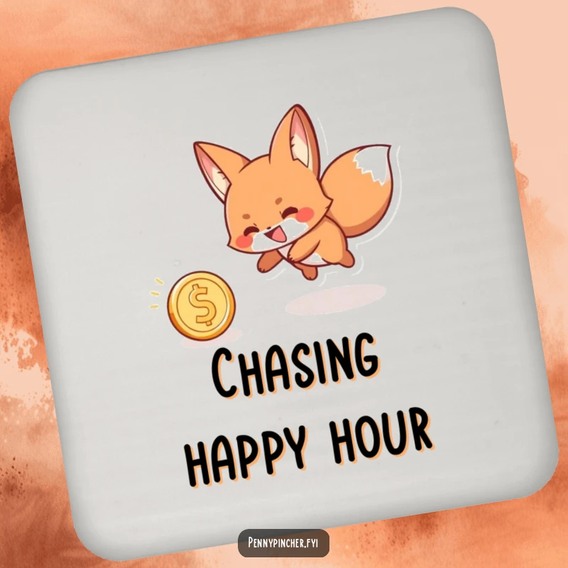 Funny drink coaster featuring a playful fox character with a wide grin, chasing a rolling coin, protecting surfaces.