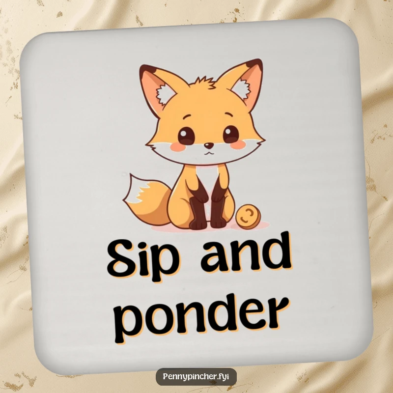 Funny Drink Coasters featuring a fox character looking quizzically at a coin, adding humor to tabletops.