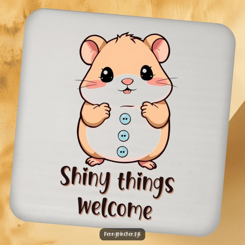 Funny drink coasters featuring a hamster character meticulously organizing shiny buttons, protecting surfaces humorously.