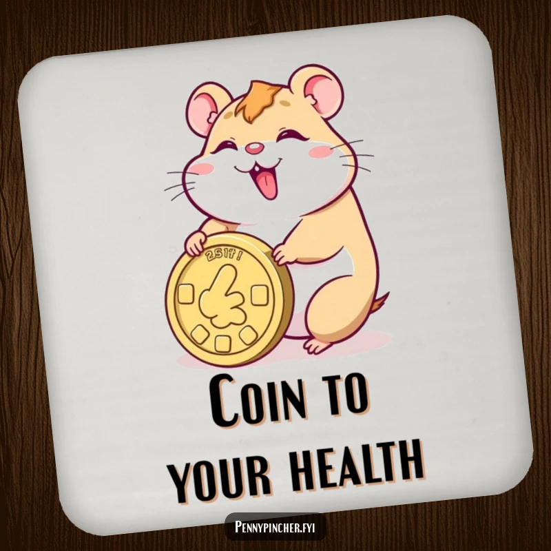 Funny drink coaster featuring a smiling hamster character happily rolling a giant coin, protecting surfaces with luck.