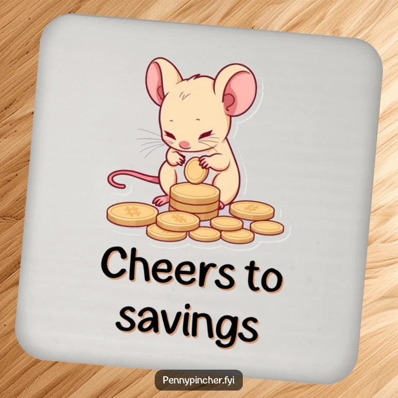 Funny drink coaster with a tiny mouse character carefully counting a single coin, adding humor to tabletops.