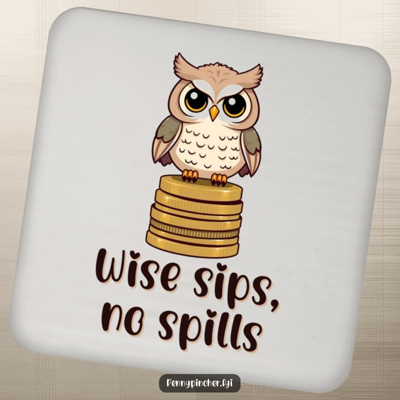 Funny drink coaster featuring a watchful owl character perched on a stack of antique coins, protecting surfaces.