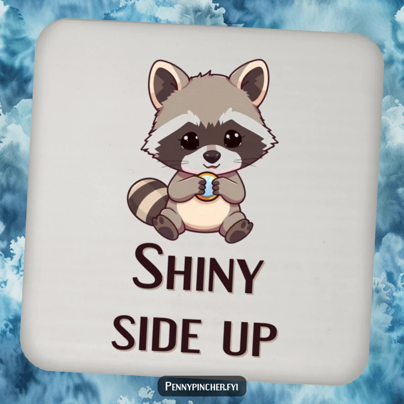 Funny raccoon drink coaster, a mischievous character focused on a shiny button, humorous surface protection for tables.
