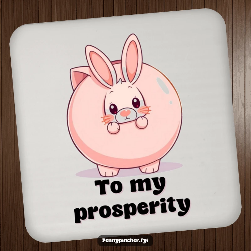 Funny shy rabbit peeking from behind a giant piggy bank, a humorous coaster for drinks.