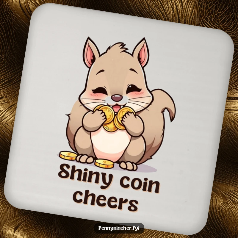 Funny Squirrel Coaster: A squirrel character with cheeks stuffed full of shiny coins, offering delightful surface protection.