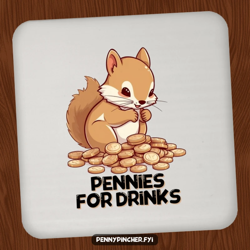 Funny Drink Coaster showcasing a determined squirrel meticulously counting a pile of shiny pennies.