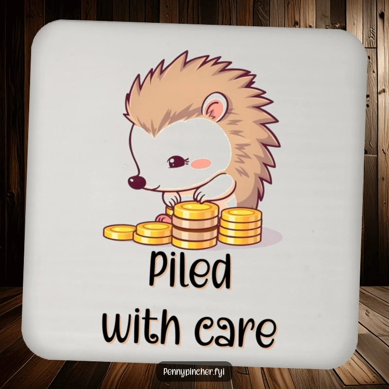 Funny drink coaster showing a thrifty hedgehog meticulously lining up shiny coins, protecting tables with humor.