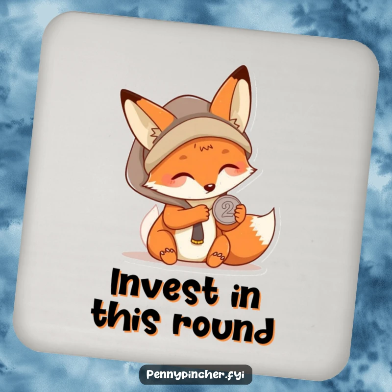Funny Kawaii fox drink coasters showing a character carefully examining a single coin, adding humorous and smart protection to surfaces.