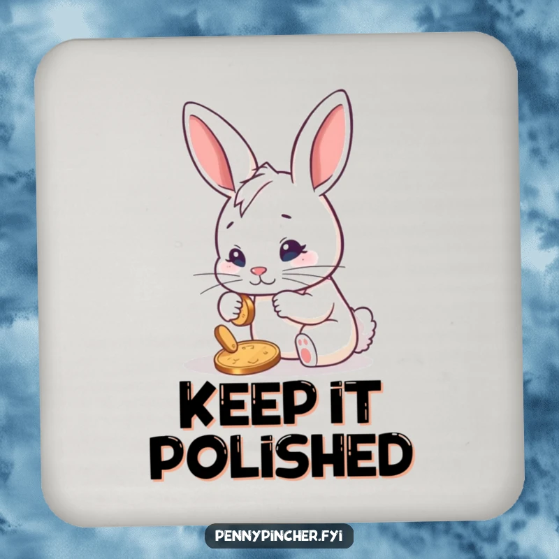 Funny drink coaster showing a determined rabbit character meticulously polishing a single shiny penny, adding humorous protection for surfaces with a polished finish.
