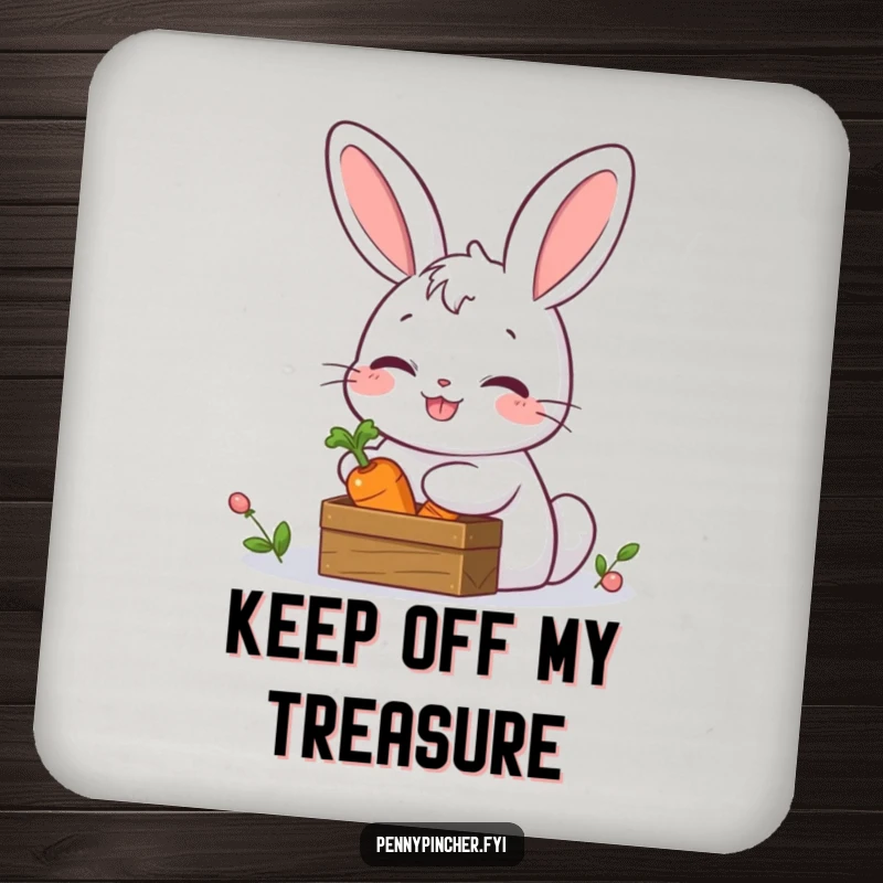 Funny drink coaster featuring a giggling rabbit character hiding a carrot in a tiny treasure chest, adding woodland fun to any drink.