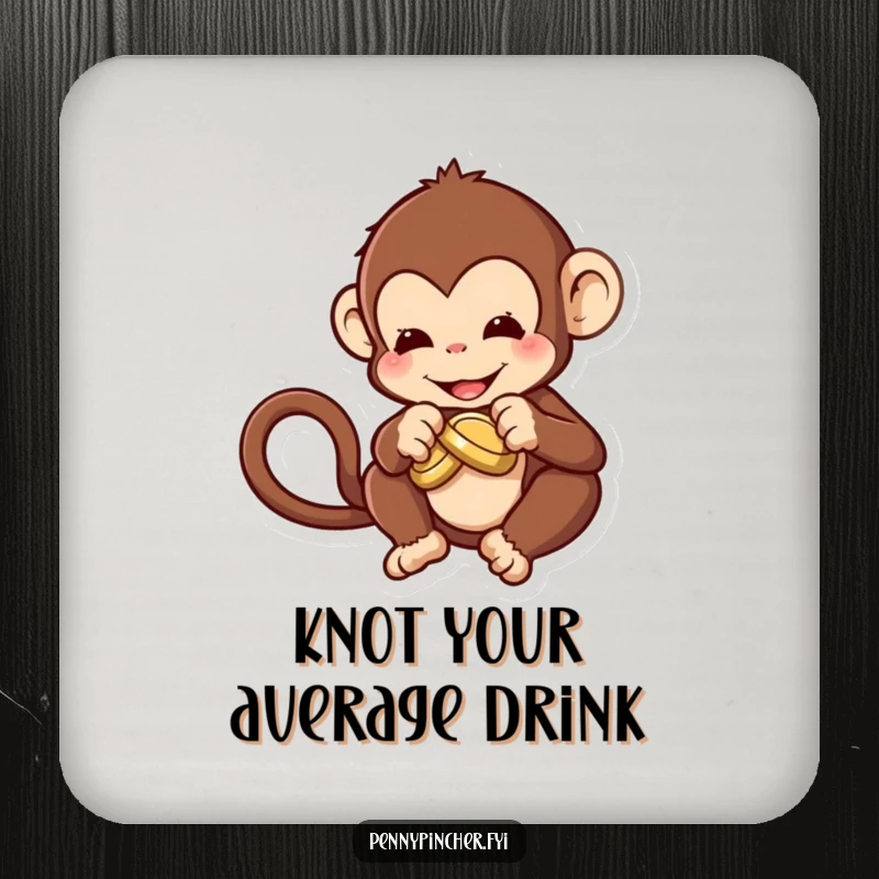 Funny Drink Coasters featuring a monkey character trying to tie a knot in a coin, adding humor to tabletops.